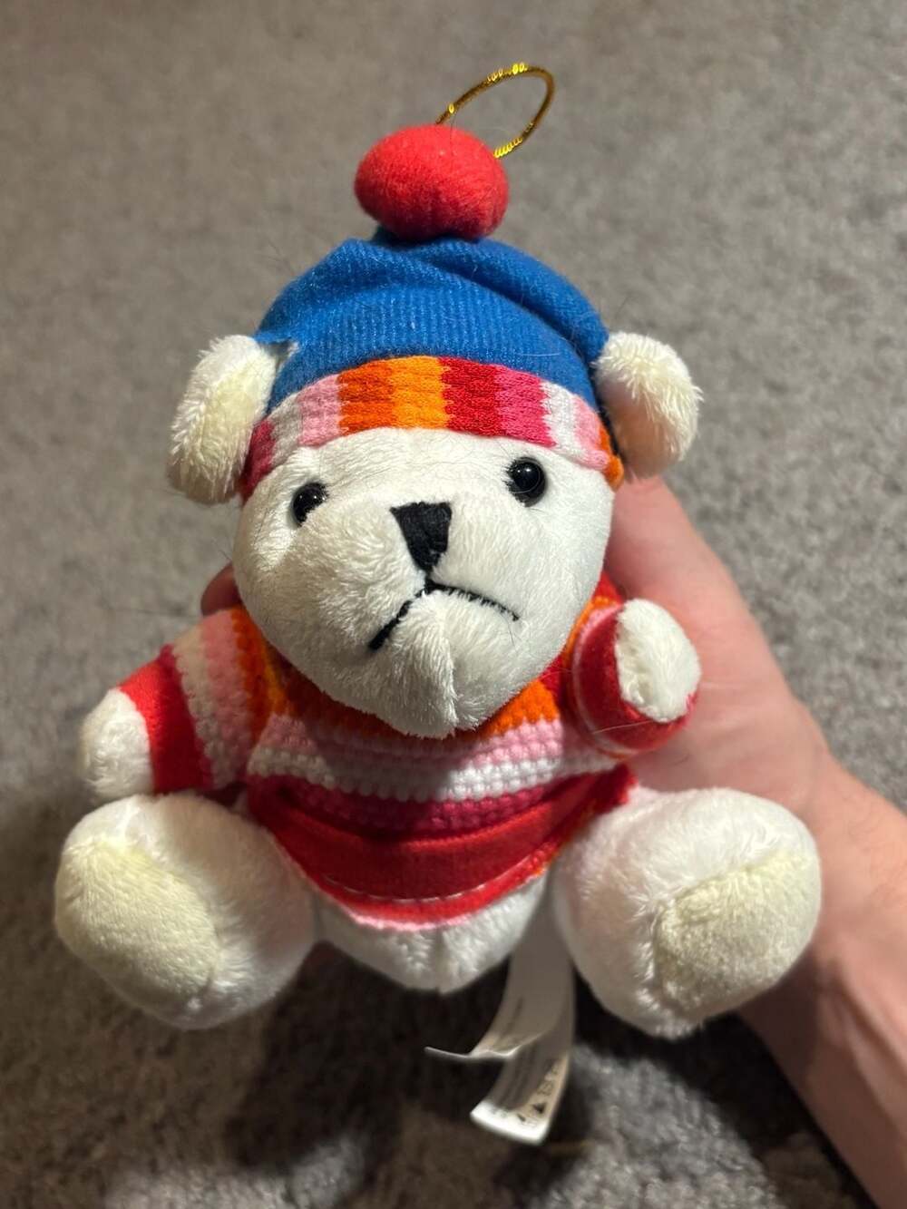 Flying Tiger Copenhagen White Plush Bear Christmas Ornament in Striped Sweater